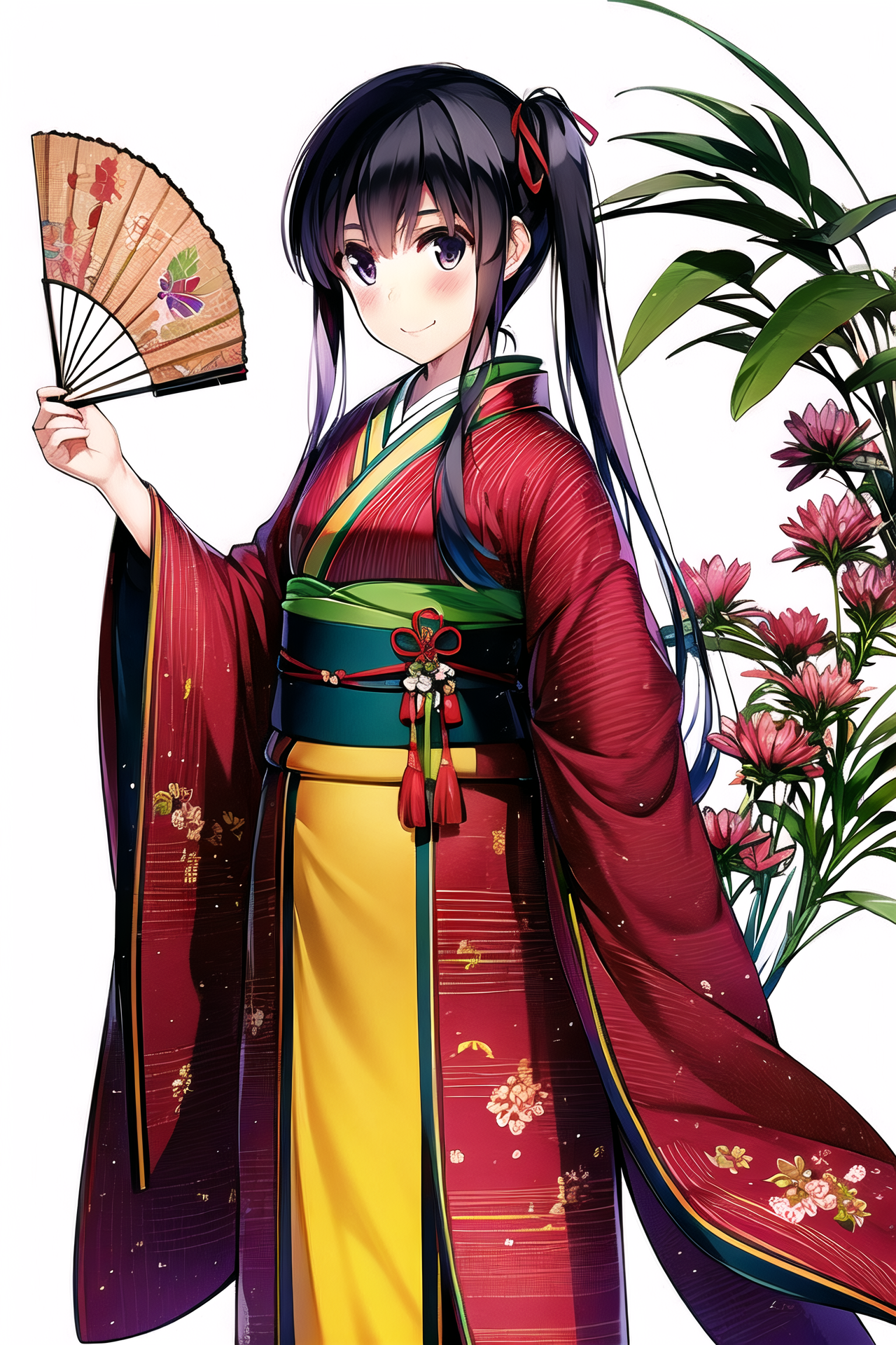 03463-4050599367-MisakiKurehito,1girl, solo, japanese clothes, long hair, hand fan, smile, kimono, striped, sash, obi, white background, twintail.png